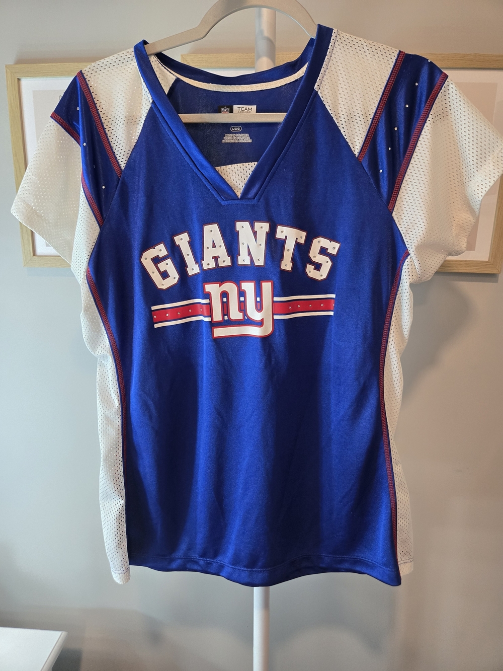 Women's Team Apparel Blue & White With Bling New York Giants Jersey Top